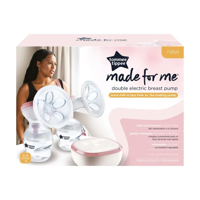 Double electric breast pump and power unit packaging on white background.