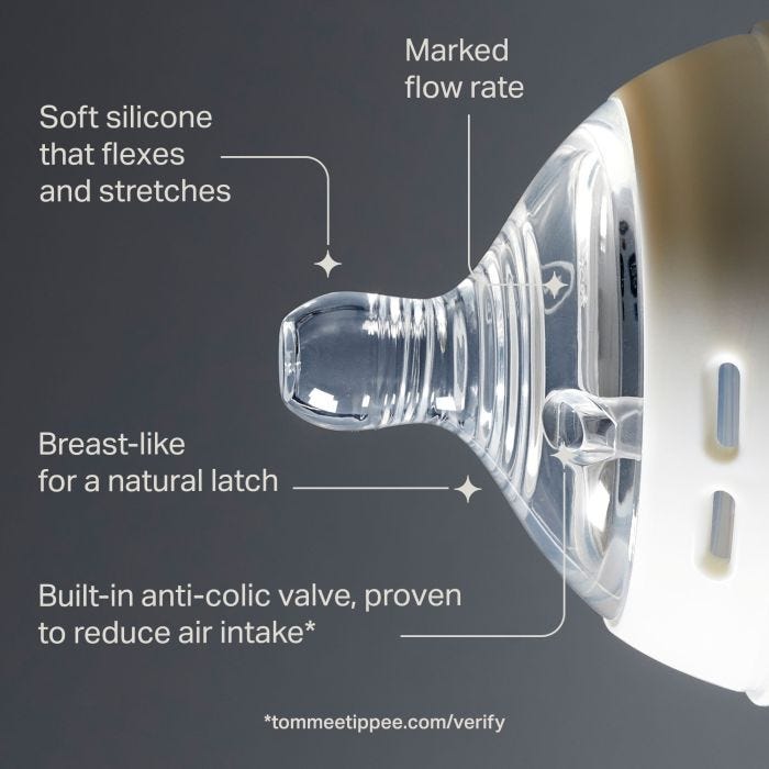 Natural Start bottle teat on its side against a grey background with pointers to the key product features