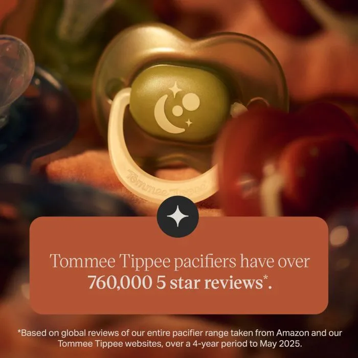 NightGlow pacifiers with a 5-star review statistic overlay.