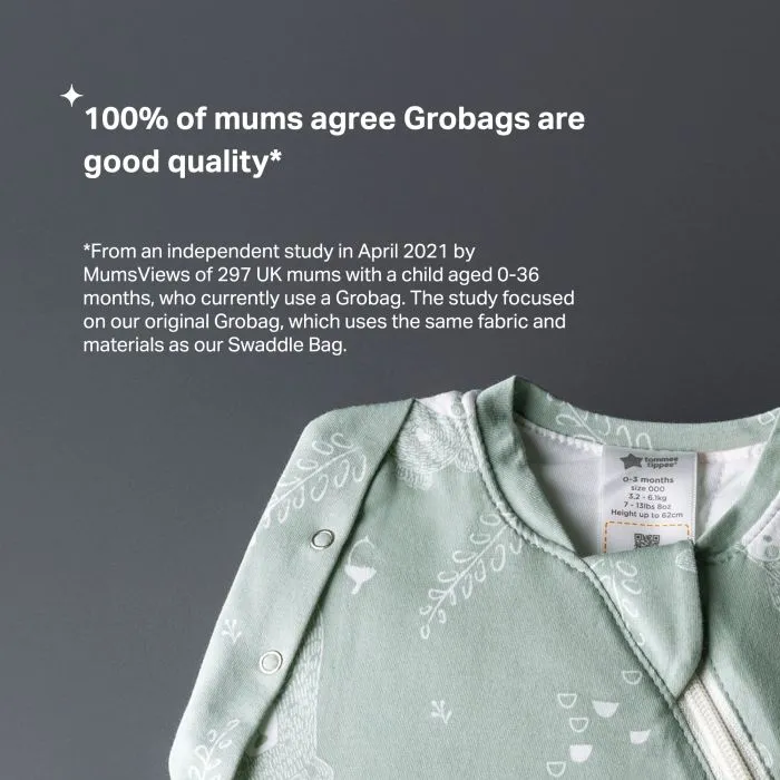 Swaddle Bag on dark grey background with product USP tagline and disclaimer