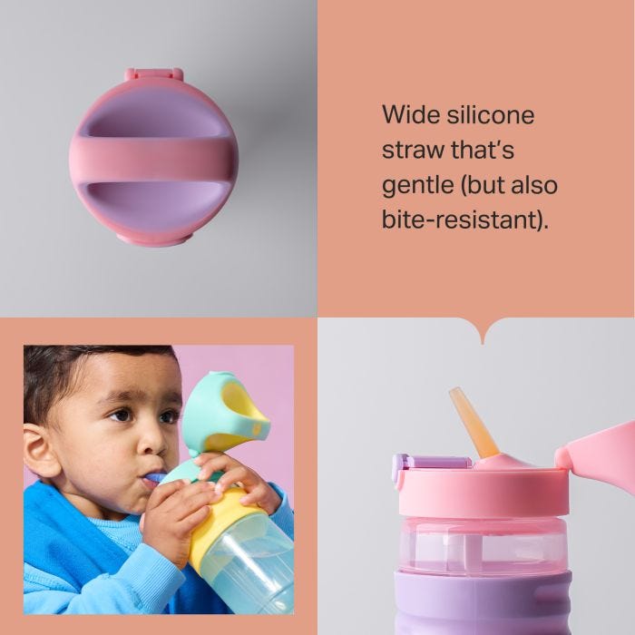 Grid style asset with three images of an on-the-go straw cup and text overlay of product messaging