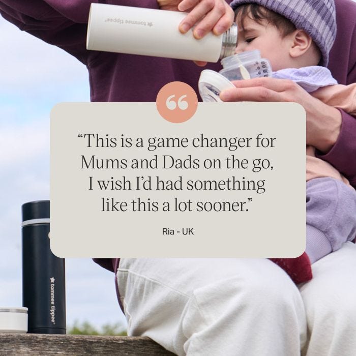 Image of a parent making a feed using the PrepGo flasks with a toddler sitting on their knee and text overlay of product review
