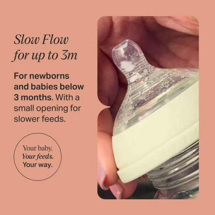 Close up image of the nipple on a Natural Start bottle with text overlay about the slow flow rate
