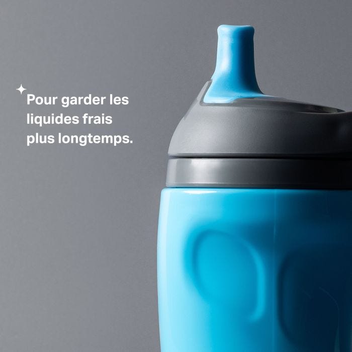 Gourde isotherme Sportee sur fond gris avec un texte sur l&apos;étanchéité de la gourde.
