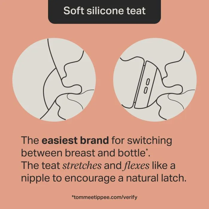 Two keyline images of a baby breastfeeding and a baby bottle feeding with text about switching between breast and bottle