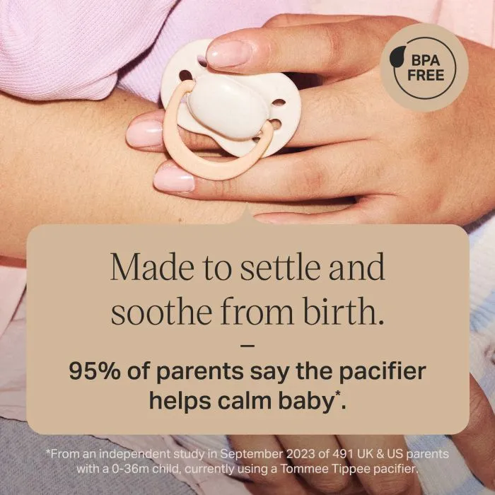 Parent holding a baby and newborn paci with a parent recommendation overlay.