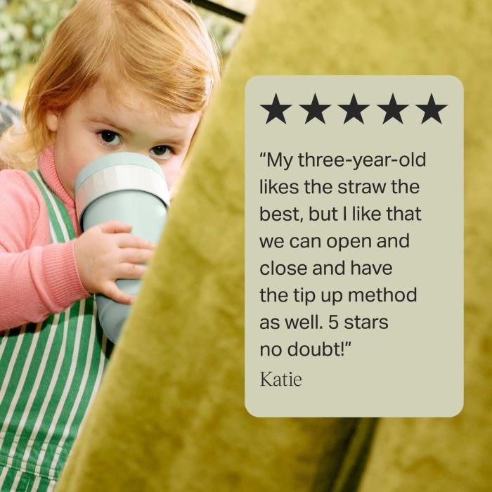 Toddler drinking from a 3-in-1 convertible cup against a blue background with text overlay of a customer review