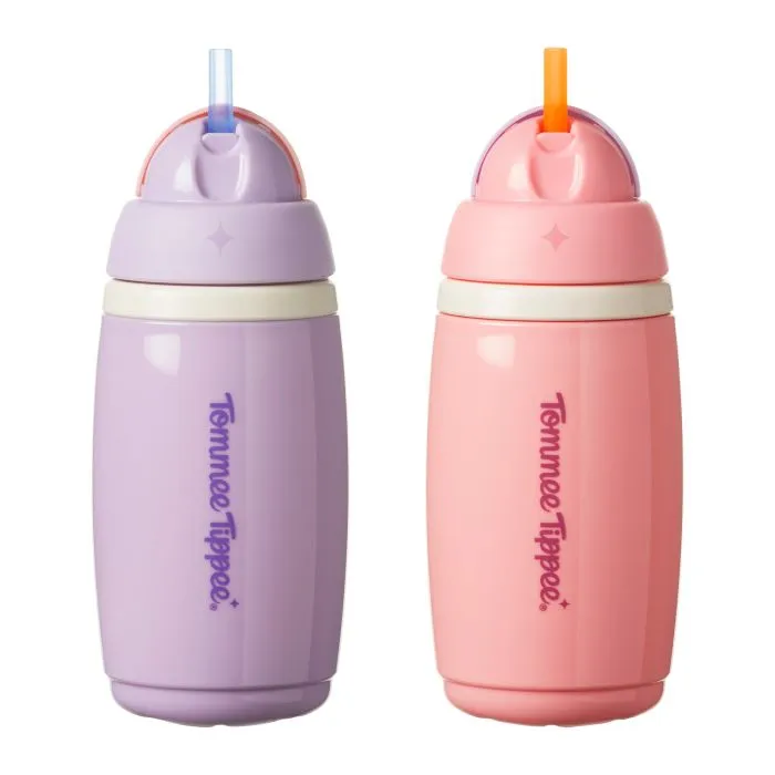 Pink and purple insulated active straw cups against a white background