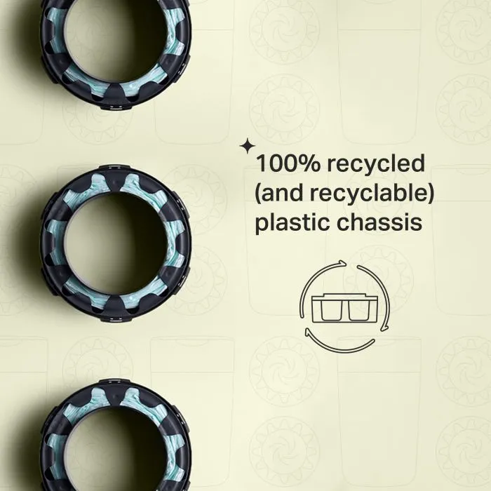 Three Twist and Click refill cassettes on a green background with text about the 100% recycled (and recyclable) plastic chassis