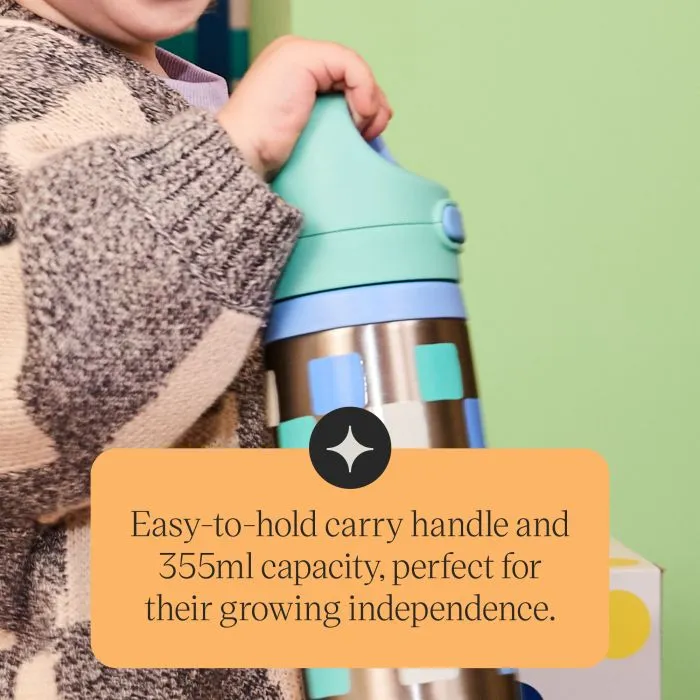 Toddler carrying a blue Tommee Tippee On-the-Go Stainless Steel Insulated Bottle with text stating "easy-to-hold carry handle and 355ml capacity