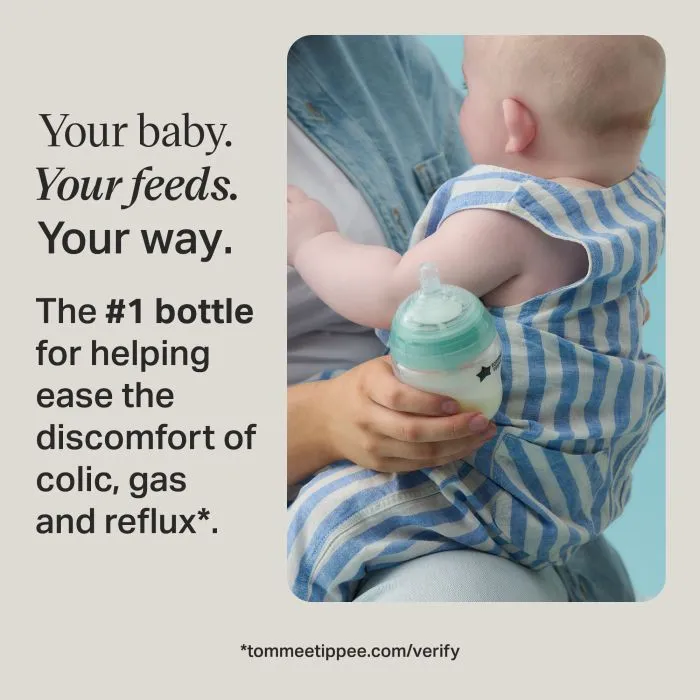 Image of a parent holding an Advanced Anti-colic bottle with a baby on their lap with text overlay of product USP