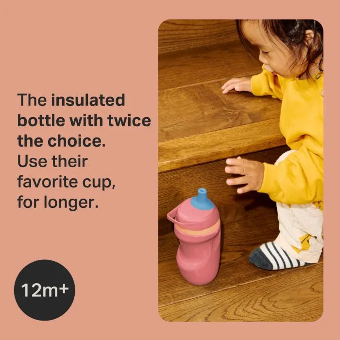 Toddler kneeling down and reaching for an Insulated Sporty Spout and Straw Cup with text overlay of product USP and icon of 12 months+