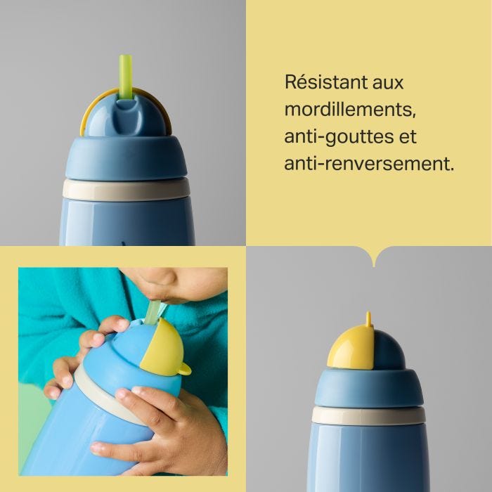 Grille d&apos;un enfant en bas âge buvant dans un gobelet à paille isolant et deux gros plans de gobelets à paille isolants avec texte de présentation du produit