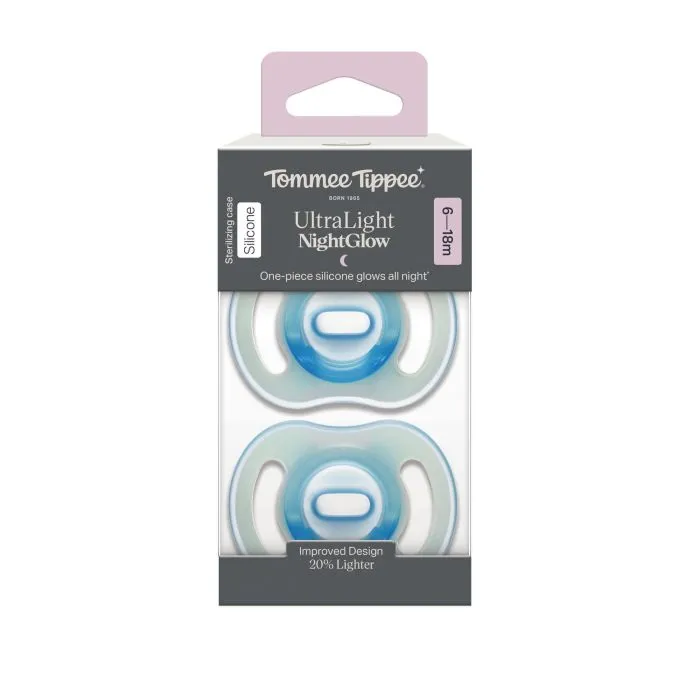 Ultra-light Night Glow pacifiers in a packaging box on a white background.