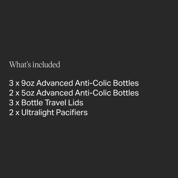 List of what&apos;s included in the Advanced Anti-colic Fussy Baby Bottle Set.