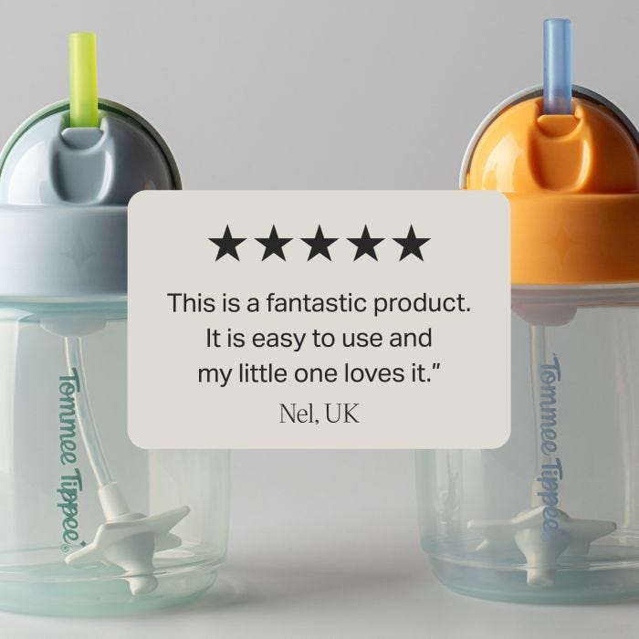 Blue and orange trainer straw cups against a grey background with text overlay of customer review