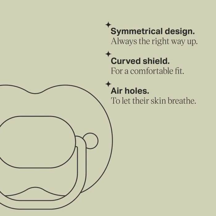 Line drawing of soother facing dorward on a green background next to a list of key features