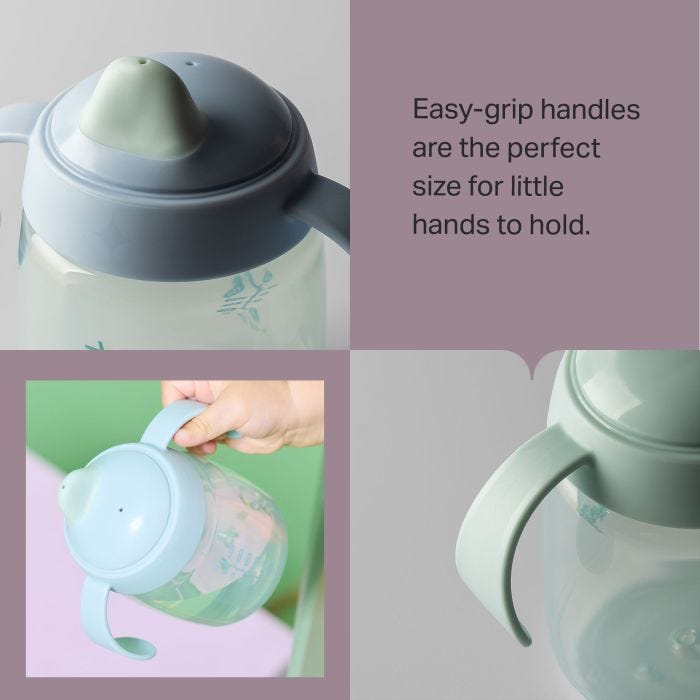 Grid of a toddler holding a Starter Spout cup and two close up shots of Starter Spout cups with product feature text