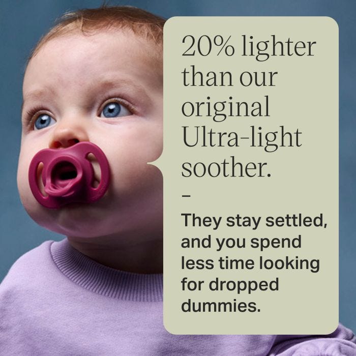 Baby with a dummy and text about being 20% lighter than our Original Ultra-light soother