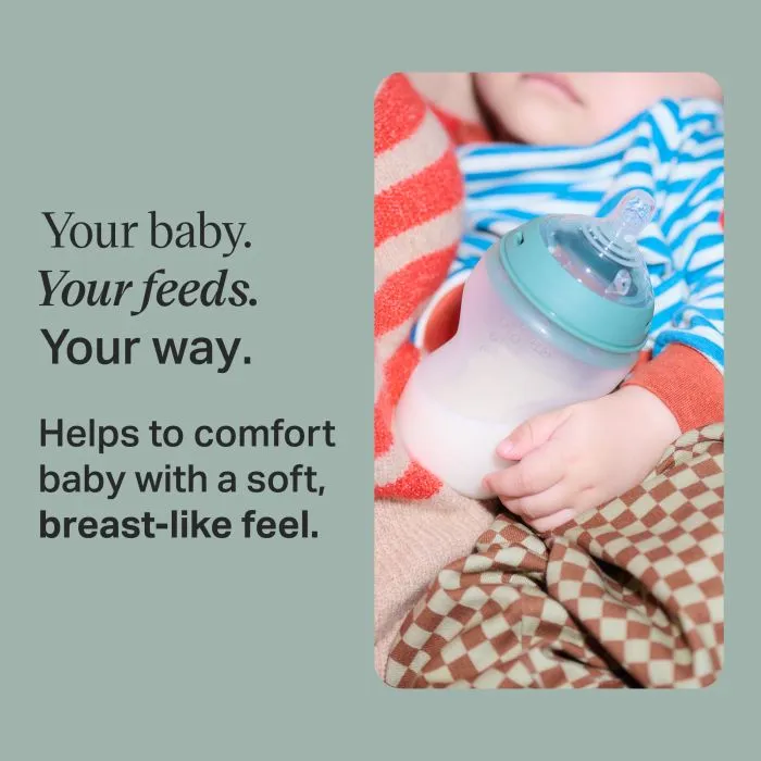 Image of a baby holding a silicone Natural Start bottle with text overlay of product USP