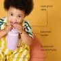 Image of a toddler holding an insulated active spout cup up to their mouth with pointers to the product key features