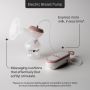 Electric breast pump against a grey background with product feature pointers  