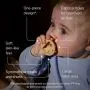 Baby with a yellow breast-like pacifier and key feature text.