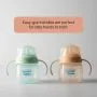 Green and orange transition spout cups against a grey background with text overlay of product messaging