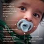 Texte de présentation entourant un bébé avec une sucette StayPut ultra-légère.