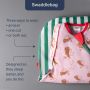 Swaddlebag against a grey background with pointers to the key product features  