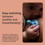 Baby with a yellow breast-like soother and key feature text.