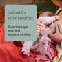 Parent expressing from one breast and feeding from the other with feature text.