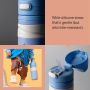 Grid of a toddler carrying an on-the-go straw cup and two close up shots of on-the-go cups with product feature text