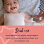 Baby lying on their back with the thermometer held under their armpit with text explaining it can be used this way or orally.