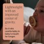 Baby with a breast-like pacifier with text about the lightweight design.