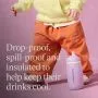 Image of a toddler standing against a pink background with an insulated active spout cup next to them on the floor and the product USP tagline alongside