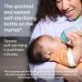 Parent using a silicone baby bottle to feed baby with text about quick self-sterilization.