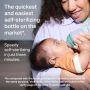 Parent using a silicone baby bottle to feed baby with text about quick self-sterilization.