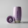 Purple insulated active straw cup base and lid laid out side by side against a grey background