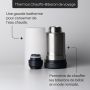 Chauffe-biberon de voyage sur fond gris avec des indications sur les caractéristiques du produit
