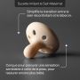 Sucette en forme de sein sur fond gris avec indication des caractéristiques du produit.