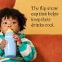Toddler sat in a chair against an orange background drinking from an insulated active straw cup with product USP tagline alongside