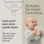 Keyline of a glass bottle lid, baby holding a glass bottle and leak-proof feature text.