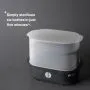 Black steam steriliser against a grey background with product USP tagline