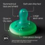 Glow in the dark soother with key feature pointers.