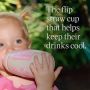 Toddler drinking from a pink camo insulated straw cup with product USP tagline alongside