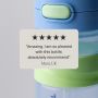 Close up image of an on-the-go straw cup with text overlay of customer review