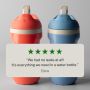 Red and blue insulated sporty straw cups against a grey background with text overlay of a customer review