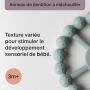 Gros plan sur l&apos;anneau de dentition texturé avec des informations sur le développement sensoriel de bébé.