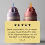 Pink and purple insulated active straw cups against a grey background with text overlay of customer review